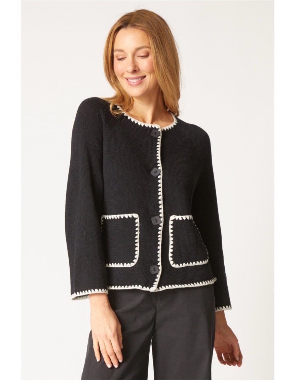 Habitat Contrast Stitch Cardigan Sweater Medium Black & White Patch Pockets